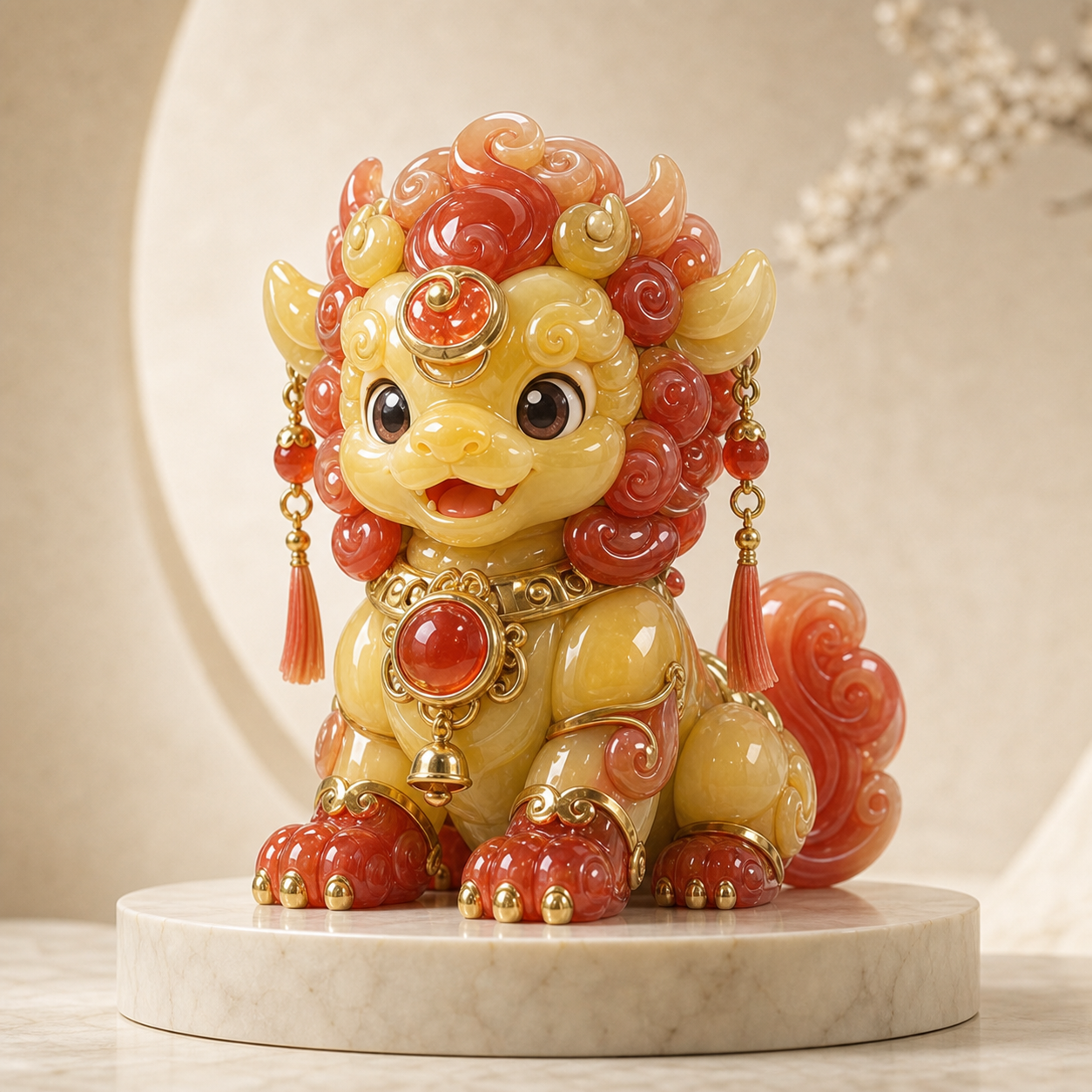 南红黄玉拼接灵兽潮玩概念图，非实拍样品